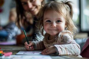 a daughter with mom drawing a coloring book. photo