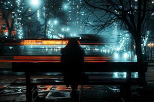 woman sitting on public bench in the Night Reflections in the City. photo