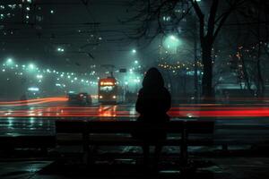 woman sitting on public bench in the Night Reflections in the City. photo