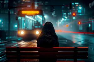 woman sitting on public bench in the Night Reflections in the City. photo