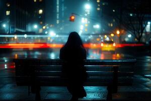 woman sitting on public bench in the Night Reflections in the City. photo