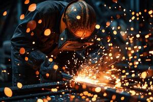 a skilled worker using an angle grinder on a piece of metal photo