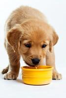 pet dog eating food from bowl dish isolated on background. photo