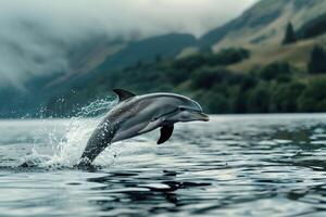 a dolphin is jumping out of the water . photo