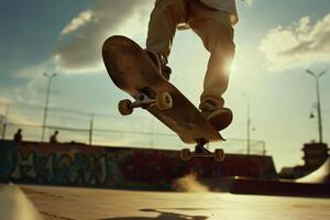 A close-up of a skateboarder's feet executing a trick. photo