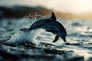 a dolphin is jumping out of the water . photo