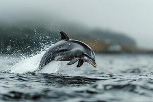 a dolphin is jumping out of the water . photo