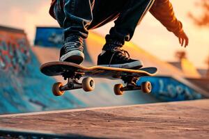 A close-up of a skateboarder's feet executing a trick. photo