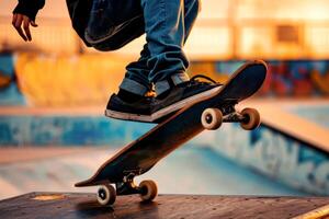 A close-up of a skateboarder's feet executing a trick. photo