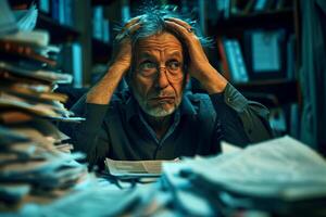 A business man overloaded with work in his office with a stack of documents around him. photo