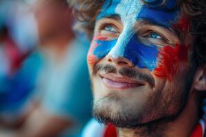 A joyful French man with his face painted in the blue white and red colors of the France flag, cheering at a football match, with a blurred stadium background. photo