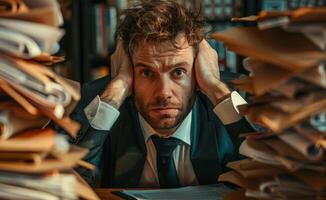 A business man overloaded with work in his office with a stack of documents around him. photo