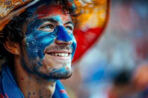 A joyful French man with his face painted in the blue white and red colors of the France flag, cheering at a football match, with a blurred stadium background. photo