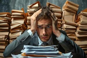 A business man overloaded with work in his office with a stack of documents around him. photo