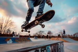 A close-up of a skateboarder's feet executing a trick. photo