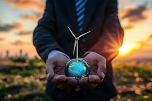 Business man using the tree plant to support environmental and sustainable development. ecological concept. photo