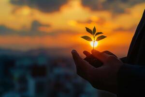 Business man using the tree plant to support environmental and sustainable development. ecological concept. photo