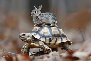 A turtle and a rabbit are on top of each other by image photo