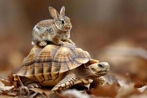 A turtle and a rabbit are on top of each other by image photo