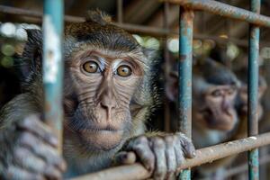 close up monkey caught in cages. . photo
