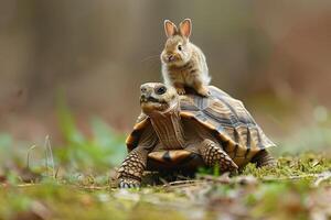 A turtle and a rabbit are on top of each other by image photo