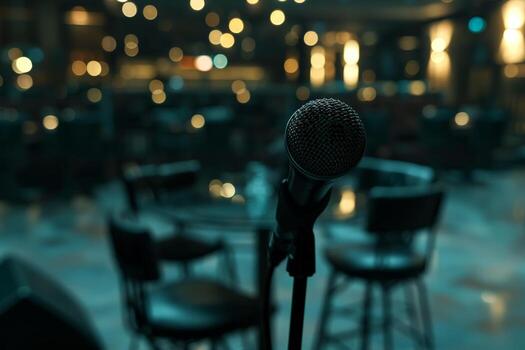 Microphone on stage with wooden bench blur light background photo