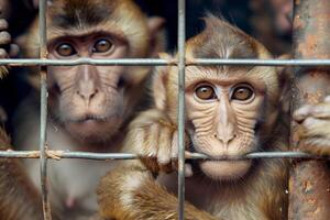 close up monkey caught in cages. . photo