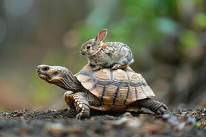 A turtle and a rabbit are on top of each other by image photo