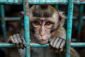 close up monkey caught in cages. . photo