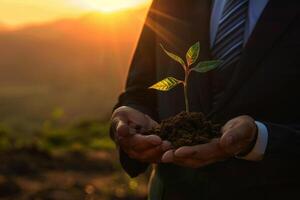 Business man using the tree plant to support environmental and sustainable development. ecological concept. photo