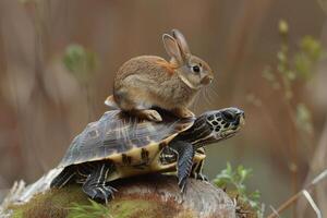 A turtle and a rabbit are on top of each other by image photo
