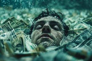 The deep dive into debt. A man submerged under a sea of money, symbolizing the suffocation and drowning effect of debt slavery in todays financially troubled society. photo