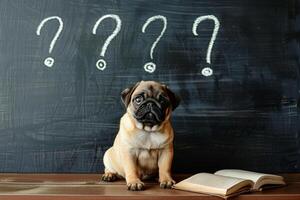 a pug dog sitting with question marks on black board photo