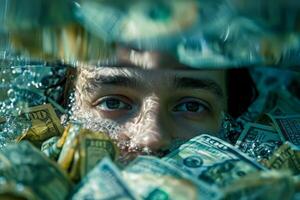The deep dive into debt. A man submerged under a sea of money, symbolizing the suffocation and drowning effect of debt slavery in todays financially troubled society. photo