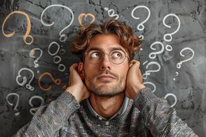 a man with perplexed facial expression and some question marks above his head. photo