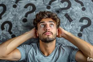 a man with perplexed facial expression and some question marks above his head. photo