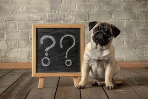 a pug dog sitting with question marks on black board photo