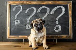 a pug dog sitting with question marks on black board photo