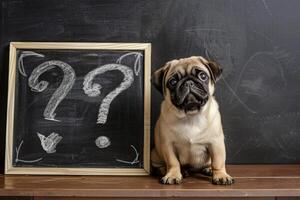 a pug dog sitting with question marks on black board photo