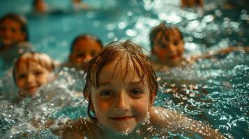 Portrait of little kids having fun in swimming pool in summer with a empty space, photo
