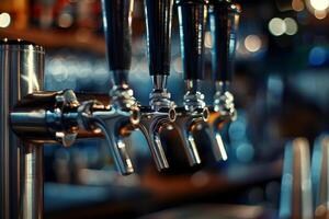 Closeup of beer tap handles lines in a bar against a dark background photo