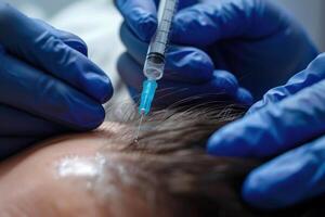 Hair regeneration, Plasma injection into the hair on a woman 's head .a cosmetologist makes plasma injections into the scalp photo