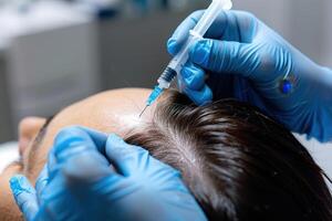 Hair regeneration, Plasma injection into the hair on a woman 's head .a cosmetologist makes plasma injections into the scalp photo