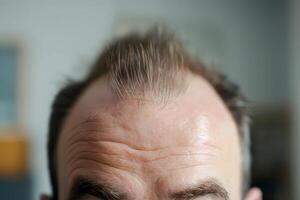 a balding man's head with hair loss problem before treatment on grey background, collage photo