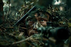 Camouflaged Sniper Taking a Shot in a Forest Tactical Precision in Wilderness Warfare. photo