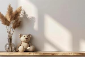 brown teddy bear with wooden wall with copy space, photo