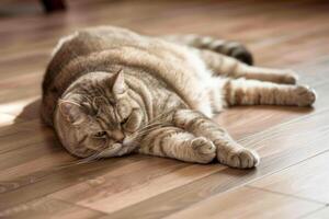 a Fat cat lying down on wooden floor . photo