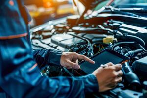 Male Mechanic Uses a Tablet Computer with an Augmented Reality Diagnostics Software. Specialist Inspecting Car. . photo