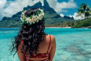 Back view woman Hawaii beach girl with crown . Generate AI photo