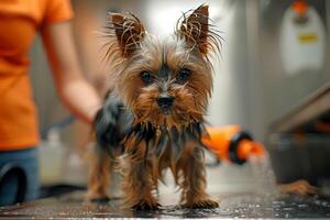Yorkshire Terrier in taking shower. Dog's bathing at Pet Spa Grooming Salon . photo